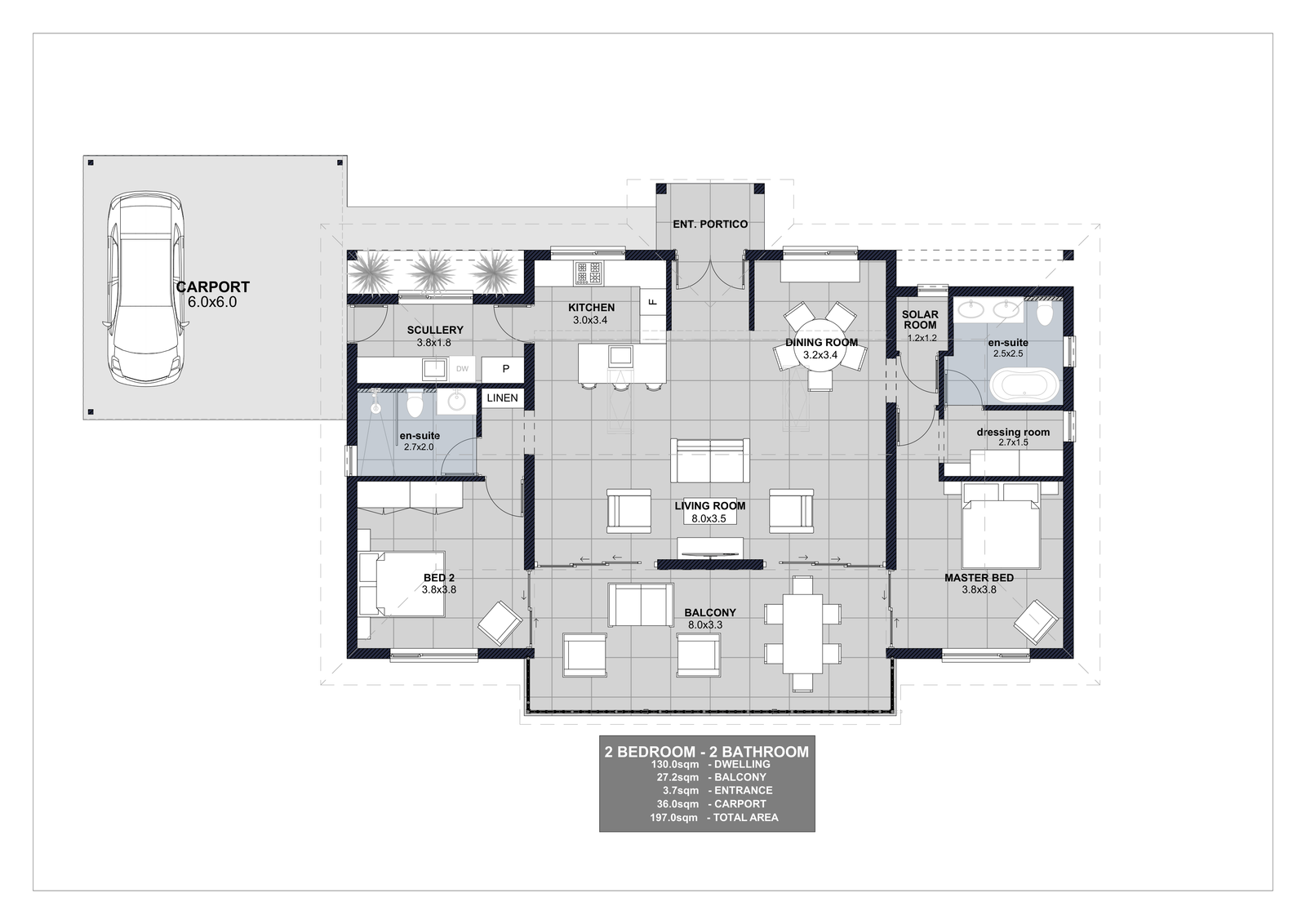 Draft two-bedroom and two-bathroom floor plan with a total area of 197 square metres