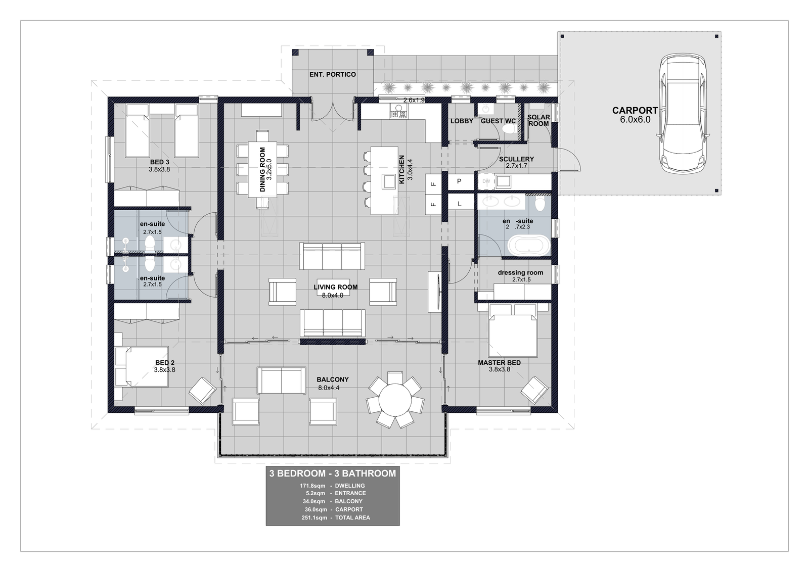 Draft three-bedroom and three-bathroom floor plan with a total area of 251.1 square metres