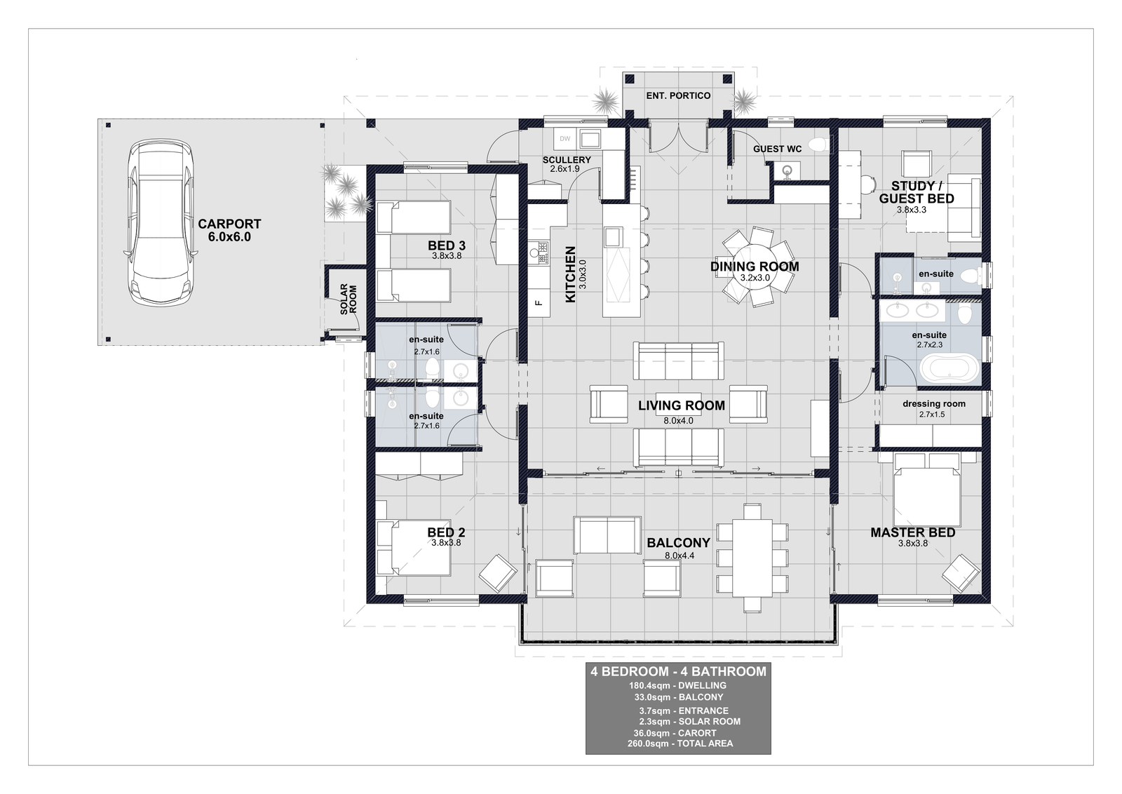 Draft four-bedroom and four-bathroom floor plan with a total area of 260 square metres